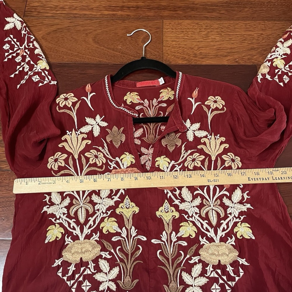Johnny Was Wine Red Floral Embroidered V-Neck Blouse - Picture 10 of 13
